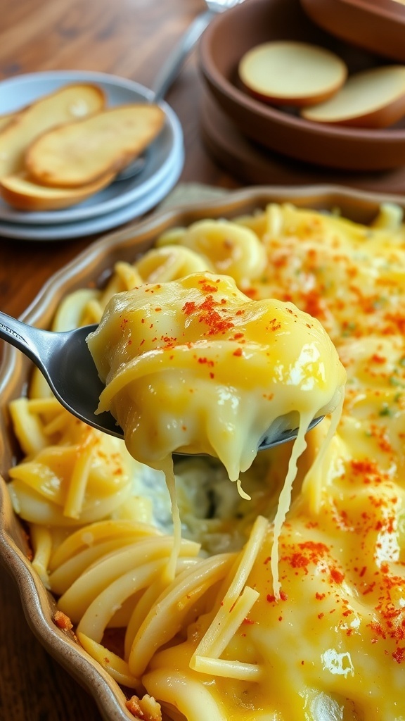 Cheesy potato casserole with golden top, served in a rustic dish, on a wooden table.